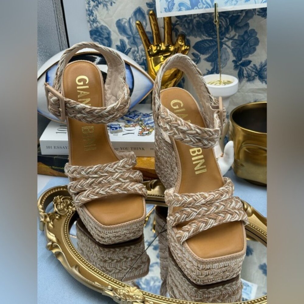 🆕 GIANNI BINI 🧿 NWOB Santi Woven Beaded Wedge Sandal - Neutral Woven Sz US 7.5 - Picture 4 of 14